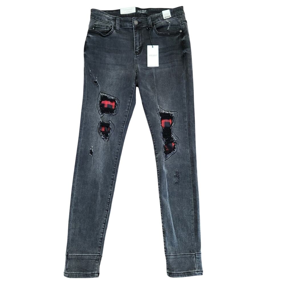 NWT Judy Blue Skinny Distressed Plaid Inset Jeans Size 29